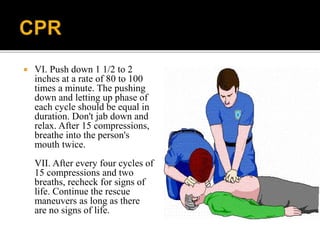  VI. Push down 1 1/2 to 2
inches at a rate of 80 to 100
times a minute. The pushing
down and letting up phase of
each cycle should be equal in
duration. Don't jab down and
relax. After 15 compressions,
breathe into the person's
mouth twice.
VII. After every four cycles of
15 compressions and two
breaths, recheck for signs of
life. Continue the rescue
maneuvers as long as there
are no signs of life.
 