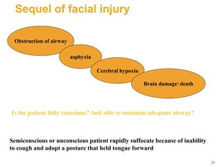 26
Is the patient fully conscious? And able to maintain adequate airway?
Semiconscious or unconscious patient rapidly suffocate because of inability
to cough and adopt a posture that held tongue forward
Obstruction of airway
asphyxia
Cerebral hypoxia
Brain damage/ death
 