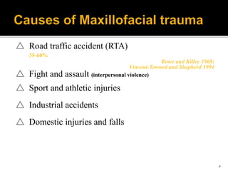 4
△ Road traffic accident (RTA)
35-60%
Rowe and Killey 1968;
Vincent-Towned and Shepherd 1994
△ Fight and assault (interpersonal violence)
△ Sport and athletic injuries
△ Industrial accidents
△ Domestic injuries and falls
 