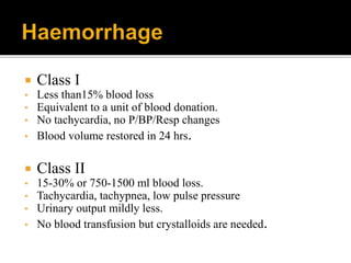  Class I
• Less than15% blood loss
• Equivalent to a unit of blood donation.
• No tachycardia, no P/BP/Resp changes
• Blood volume restored in 24 hrs.
 Class II
• 15-30% or 750-1500 ml blood loss.
• Tachycardia, tachypnea, low pulse pressure
• Urinary output mildly less.
• No blood transfusion but crystalloids are needed.
 