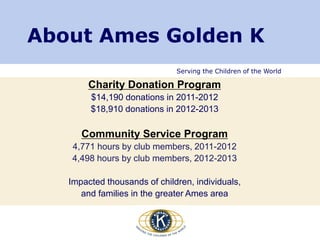 Serving the Children of the World
About Ames Golden K
Charity Donation Program
$14,190 donations in 2011-2012
$18,910 donations in 2012-2013
Community Service Program
4,771 hours by club members, 2011-2012
4,498 hours by club members, 2012-2013
Impacted thousands of children, individuals,
and families in the greater Ames area
 