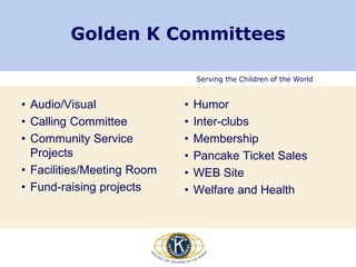 Serving the Children of the World
• Audio/Visual
• Calling Committee
• Community Service
Projects
• Facilities/Meeting Room
• Fund-raising projects
• Humor
• Inter-clubs
• Membership
• Pancake Ticket Sales
• WEB Site
• Welfare and Health
Golden K Committees
 