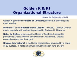 Serving the Children of the World
Golden K & KI
Organizational Structure
Golden K governed by Board of Directors(officers & 6 directors) and
meet monthly.
Division 11 of the Nebraska-Iowa District (10 clubs). Division Council
meets regularly with leadership provided by Division Lt. Governor.
Nebr.- Ia. District is governed by Board of Trustees. Leadership
provided by District Officers and Division Lt. Governors. District
convention each year in August.
Kiwanis International, a worldwide organization, governed by a board
of 20 trustees. It holds an annual convention each June or July.
 