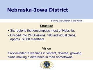 Serving the Children of the World
Nebraska-Iowa District
Structure
• Six regions that encompass most of Nebr.-Ia.
• Divided into 24 Divisions, 190 individual clubs,
approx. 6,300 members.
Vision
Civic-minded Kiwanians in vibrant, diverse, growing
clubs making a difference in their hometowns.
 