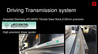 Driving Transmission system
Imported Germany ATLANTA 7Grade Gear Rack,0.05mm precision
High precision linear guider
 
