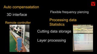 Auto compensatation
3D interface
Remote controller
Cutting data storage
Layer processing
Flexible frequency piercing
Processing data
Statistics
 