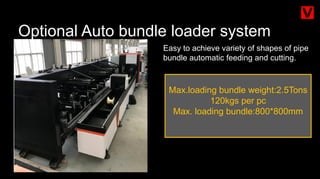 Optional Auto bundle loader system
Max.loading bundle weight:2.5Tons
120kgs per pc
Max. loading bundle:800*800mm
Easy to achieve variety of shapes of pipe
bundle automatic feeding and cutting.
 