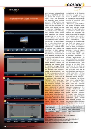 1


                                                                              une recherche aveugle (Blind            inconvénient de la fonction
                                                                              Scan) sur HOTBIRD 13° Est               recherche aveugle: Vous ne
                                                                              et, avons été surpris que               pouvez ni définir une plage
                                                                              cette tache fut terminée                de fréquences spécifiques et
                                                                              en seulement sept minutes               ni limiter la recherche à une
                                                                              environ. 1479 chaînes de                seule polarisation.
                                                                              télévision et 430 stations de              Néanmoins, c’est une fonc-
                                                                              radio ont été trouvées. Au              tion qui est un absolu ‘must
                                                                              début, nous avons cru que               have’ pour tous les radioa-
                                                                              le récepteur s’était basé sur           mateurs DXer et feedhunter.
2                                                                             une liste de canaux préparés;           Le processus entier d’ins-
                                                                              il n’y avait pas d’autre moyen          tallation est complété par
                                                                              pour expliquer ce résultat              deux autres caractéristiques
                                                                              exceptionnel en si peu de               remarquables: La première
                                                                              temps. Ainsi, nous avons                est le sous-menu “Instal-
                                                                              ensuite tourné notre antenne            lation automatique”. Cette
                                                                              du toit vers un autre satel-            option évite de loin à l’utilisa-
                                                                              lite et avons commencé une              teur final, une grande partie
                                                                              nouvelle recherche aveugle              de la tache d’installation.
                                                                              (BlindScan). L’UNIBOX 9080              Dans ce mode, le récepteur
                                                                              a identifié 287 chaînes de              essaie d’identifier seul quels
                                                                              télévision et 143 stations              satellites - même à travers
                                                                              de radio sur TÜRKSAT à 42°              un multiswitch DiSEqC - qui
                                                                              Est; même les transpondeurs             peuvent être reçus avec
3
                                                                              SCPC à bande étroite ont été            le matériel disponible. Le
                                                                              reconnus et enregistrés dans            balayage automatique de
                                                                              la liste des canaux.                    tous les satellites recevables
                                                                                 Pour la comparaison, nous            peut être lancé avec la pres-
                                                                              avons effectué ensuite un               sion d’un seul bouton. Cette
                                                                              balayage de canaux sans                 fonction a très bien fonc-
                                                                              la fonction aveugle (Blind              tionné lors de nos tests et
                                                                              Scan) en utilisant seulement            outre les satellites habituels
                                                                              les données des transpon-               tels qu’ASTRA 19,2° Est et
                                                                              deurs préprogrammés par                 HOTBIRD 13,0° Est, ASTRA2
                                                                              le fabricant et avons obtenu            à 28,2° Est et BADR à 26° Est
                                                                              des résultats très minces:              qui ont été reconnus égale-
                                                                              Seulement 25 canaux TV et               ment sans aucune difficulté.
4                                                                             3 radios ont été trouvés sur               La deuxième caractéris-
                                                                              TÜRKSAT. Des tests sup-                 tique est un calcul de l’azi-
                                                                              plémentaires de la fonction             mut et l’élévation. Vous
                                                                              de recherche aveugle, par               devez saisir vos coordon-
                                                                              exemple, sur EUTELSAT 36°               nées locales manuellement
                                                                              Est, a confirmé sa rapidité             cependant elles peuvent être
                                                                              incroyable et de précision;             trouvées facilement avec
                                                                              Même le transpondeur SCPC               Google Maps ou certains
                                                                              avec bande passante très                autres    services    Internet.
                                                                              étroite a été détecté et trai-          En retour, vous obtiendrez
                                                                              tée. Une présentation plus              donc tous les paramètres
                                                                              précise des résultats de tests          nécessaires     pour     aligner
                                                                              sur la recherche aveugle                votre antenne satellite. Une
5                                                                             (Blind    Scan)     se   trouve         fois que l’UNI-BOX 9080 soit
                                                                              dans le tableau 1. Le seul              configuré avec tous les para-

                                                                               HOTBIRD 13° Ost             7 Minutes 1479 TV and 430 Radio Channels
                                                                               TÜRKSAT 42° Ost             8 Minutes 287 TV and 143 Radio Channels
                                                                               EUTELSAT 36° Ost           10 Minutes 35 TV and 3 Radio Channels
                                                                               EXPRESS AM44 11° West       4 Minutes 19 TV and 1 Radio Channels
                                                                              ■ Tableau 1: Le résultat d'une recherche aveugle
                                                                              1. L’écran de démarrage du Golden Media UNI-BOX 9080
                                                                              2. Un menu principal simple et précis
                                                                              3. Des réglages indépendants de la réception DVB-S/2 et DVB-T
                                                                              4. Sélection des régions pour la réception TNT
                                                                              5. Les possibilités étendues des paramètres en mode DVB-S/2


14 TELE-satellite — Global Digital TV Magazine — 02-03/201 — www.TELE-satellite.com
                                                         1
 