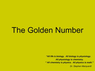 The Golden Number


        “All life is biology. All biology is physiology.
                 All physiology is chemistry.
       “ All chemistry is physics. All physics is math.”
                                 Dr. Stephen Marquardt
 