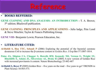 Reference
• BOOKS REFFERED:
GENE CLONING AND DNA ANALYSIS: AN INTRODUCTION - T. A. Brown;
5th edition; Blackwell publication.
GENE CLONING: PRINCIPLES AND APPLICATIONS - Julia lodge, Pete Lund
& Steve Minchin; Taylor & Francis Publishing Group.
GENE VIII- Benjamin Lewin; Pearson Education, Inc.
• LITERATURE CITED:
Al-Babili S, Hoa TTC, Schaub P (2006) Exploring the potential of the bacterial carotene
desaturase CrtI to increase the β-carotene content in Golden Rice. J Exp Bot 57:1007-1014.
Paine JA, Shipton CA, Chaggar S, Howells RM, Kennedy MJ, Vernon G, Wright SY,
Hinchliffe E, Adams JL, Silverstone AL, Drake R (2005) A new version of Golden Rice
with increased provitamin A content. Nature Biotechnology 23:482-487
Al-Babili S, Beyer P (2005) Golden Rice – five years on the road – five years to go? TRENDS in
Plant Science 10:565-573.
 