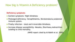 How big is Vitamin A Deficiency problem?
Deficiency symptoms
 Earliest symptoms- Night blindness
 Prolonged deficiency- Xerophthalmia, Keratomalacia,weakened
immune system.
 Finally infection - total and irreversible blindness.
 Increase disease susceptibility- Measles, Diarrhoea,malnutrition
Leading to child mortality.
(WHO report cited by Al-Babili et al. 2005)
 