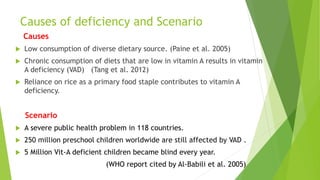 Causes of deficiency and Scenario
Causes
 Low consumption of diverse dietary source. (Paine et al. 2005)
 Chronic consumption of diets that are low in vitamin A results in vitamin
A deficiency (VAD) (Tang et al. 2012)
 Reliance on rice as a primary food staple contributes to vitamin A
deficiency.
Scenario
 A severe public health problem in 118 countries.
 250 million preschool children worldwide are still affected by VAD .
 5 Million Vit-A deficient children became blind every year.
(WHO report cited by Al-Babili et al. 2005)
 