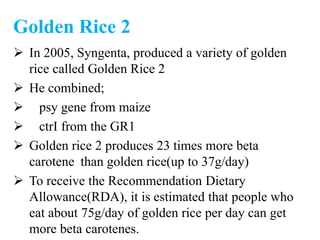 Golden Rice 2
 In 2005, Syngenta, produced a variety of golden
rice called Golden Rice 2
 He combined;
 psy gene from maize
 ctrI from the GR1
 Golden rice 2 produces 23 times more beta
carotene than golden rice(up to 37g/day)
 To receive the Recommendation Dietary
Allowance(RDA), it is estimated that people who
eat about 75g/day of golden rice per day can get
more beta carotenes.
 