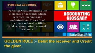 GOLDEN RULE :- Debit the receiver and Credit
the giver.
 