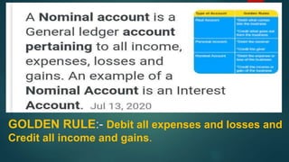 GOLDEN RULE:- Debit all expenses and losses and
Credit all income and gains.
 