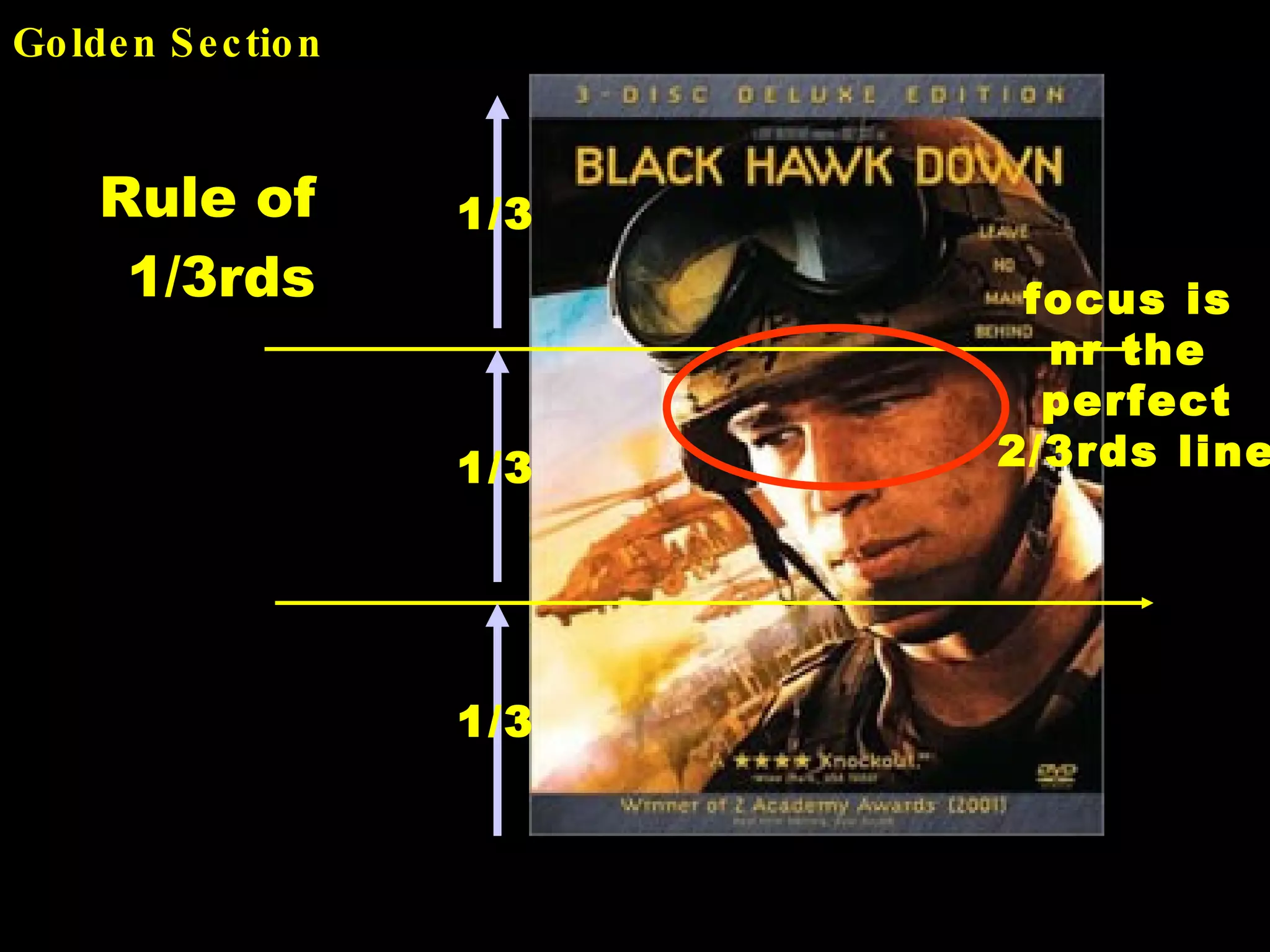 Golden Section Rule of 1/3rds 1/3 1/3 1/3 focus is nr the perfect 2/3rds line