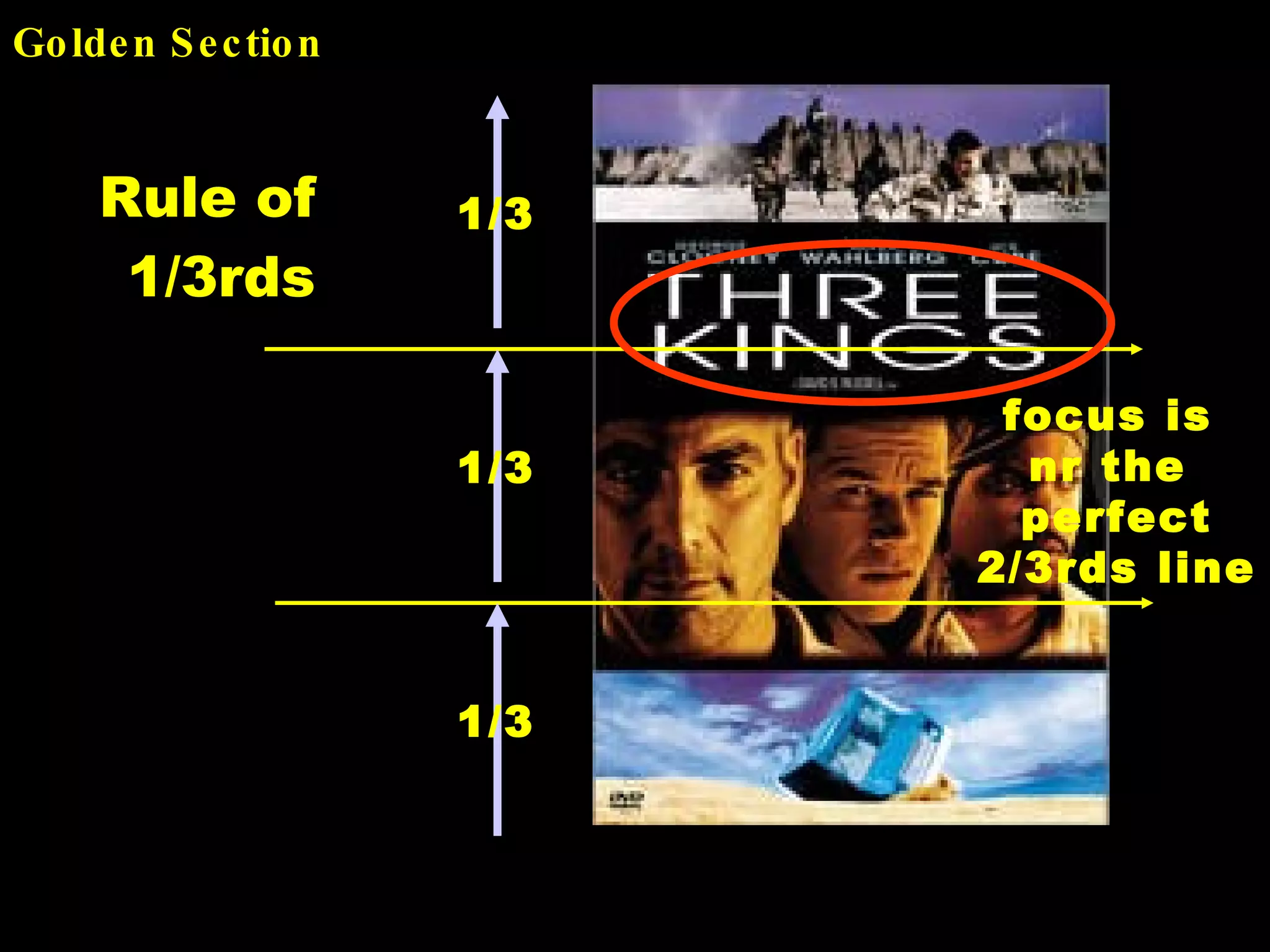Golden Section Rule of 1/3rds 1/3 1/3 focus is nr the perfect 2/3rds line 1/3