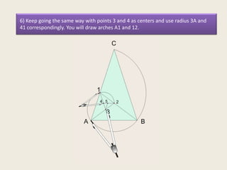6) Keep going the same way with points 3 and 4 as centers and use radius 3A and
41 correspondingly. You will draw arches A1 and 12.

 