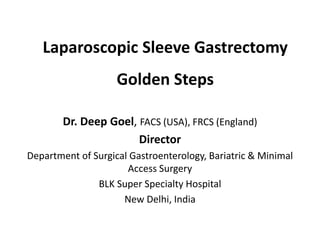 Laparoscopic Sleeve Gastrectomy
Golden Steps
Dr. Deep Goel, FACS (USA), FRCS (England)
Director
Department of Surgical Gastroenterology, Bariatric & Minimal
Access Surgery
BLK Super Specialty Hospital
New Delhi, India
 