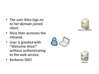 • The user Alice logs on 
to her domain joined 
client. 
• Alice then accesses the 
intranet. 
• User is greeted with 
”Welcome Alice!” 
without authenticating 
to the web service. 
• Kerberos SSO! 
 