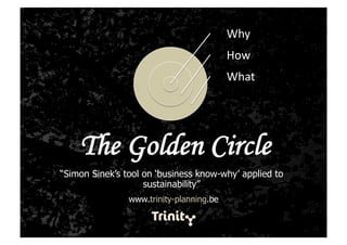 Why 
                                          How 
                                          What 




    The Golden Circle
“Simon Sinek’s tool on ‘business know-why’ applied to
                    sustainability”
                www.trinity-planning.be
 