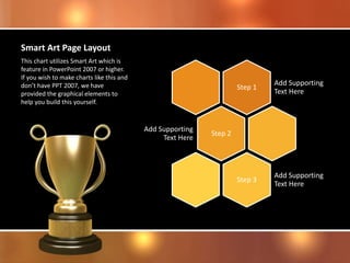 Smart Art Page Layout
Step 1
Add Supporting
Text Here
Step 2
Add Supporting
Text Here
Step 3
Add Supporting
Text Here
This chart utilizes Smart Art which is
feature in PowerPoint 2007 or higher.
If you wish to make charts like this and
don’t have PPT 2007, we have
provided the graphical elements to
help you build this yourself.
 
