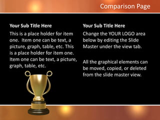 Comparison Page
Your Sub Title Here
This is a place holder for item
one. Item one can be text, a
picture, graph, table, etc. This
is a place holder for item one.
Item one can be text, a picture,
graph, table, etc.
Your Sub Title Here
Change the YOUR LOGO area
below by editing the Slide
Master under the view tab.
All the graphical elements can
be moved, copied, or deleted
from the slide master view.
 