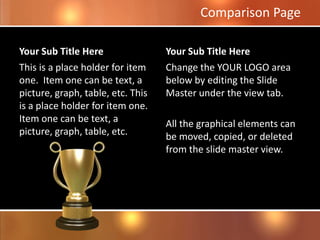 Comparison Page
Your Sub Title Here
This is a place holder for item
one. Item one can be text, a
picture, graph, table, etc. This
is a place holder for item one.
Item one can be text, a
picture, graph, table, etc.
Your Sub Title Here
Change the YOUR LOGO area
below by editing the Slide
Master under the view tab.
All the graphical elements can
be moved, copied, or deleted
from the slide master view.
 