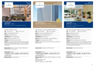 Av. Nazaré, 569, 66035-135 Belém
+55 91 3321 7177 +55 91 3321 7176
nz.reservas@goldentulip.com.br
www.tulipinnnazare.com
Mrs. Fernanda Rodrigues
Vale de Caes Airport (BEL) (11 km)
Avenida Nazare bus station (100 m)
100 rooms
No meeting facilities.
The Treviso restaurant offers international and
regional cuisine. 24h room-service.
Located in the neighborhood of Nazare, with easy access
to the main tourist and historical attractions. 5 min from the Basilica
Nossa Senhora de Nazare. Many restaurants, shops and entertain-
ments nearby.
AcafndqCr52UwZ
YshD
TULIP INN
NAZARE - HOTEL
Enjoy your stay in a previleged location
BRAZIL
Belém
Rua Antônio de Albuquerque, 54 Bairro Funcionarios, Belo Horizonte
+55 11 2627 6363 +55 11 2627 6364
savassi@goldentulip.com.br
www.tulipinnsavassi.com
Mrs. Marcela Mendes
Trancedo Neves (CNF) (42 km)
Antonio de Albuquerque bus station (50 m)
240 rooms
No meeting facilities.
Restaurant and room service
Located in Savassi area, a famous neighborhood with many
restaurants and commercial centers, 1,5 km from downtown, close to
Patio Savassi fashion mall and with an easy access to N.S. do Carmo,
Do Contorno and Afonso Pena Avenues.
AcafodqCr051UZ
hxD
TULIP INN
SAVASSI - HOTEL
New hotel, comfortable rooms,
excellent location
BRAZIL
Belo Horizonte
Rua Rio de Janeiro, 18 - Centro, 30160-040 Belo Horizonte
+55 31 3247 2809 +55 31 3247 2809
belohorizonte.reservas@goldentulip.com.br
www.goldentulipbelohorizonte.com
Mr. Andre Lameiro
Carlos Drumond de Andrade - Pampulha (PLU) (9 km)
Rio de Janeiro bus station (100 m)
389 rooms
Meeting area of 7000 m2. Capacity for up to 1000
people.
Number of meeting rooms: 8
Max. persons: 1000
Smallest - Largest room: From 30m2
to 3000m2
Restaurant, bar, 24h room-service.
Strategic located in the city center close to commercial and
financial centers.
AcaodqCr052UZB
YshxD
GOLDEN TULIP
BELO HORIZONTE - HOTEL
New hotel, contemporary rooms, new
technologies and outstanding facilities
BRAZIL
Belo Horizonte
NEW
HOTEL
NEW
HOTEL
35
 