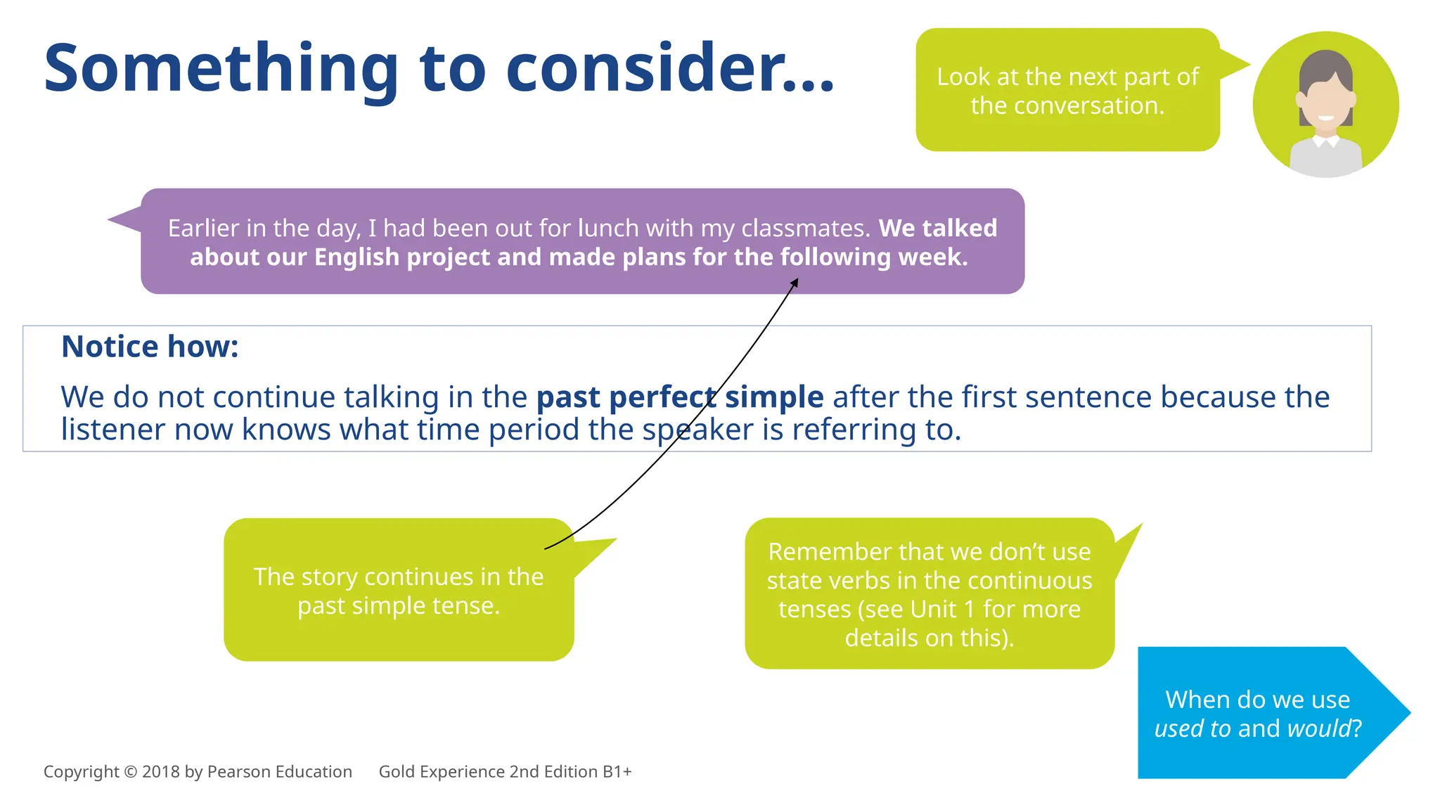 Something to consider… Look at the next part of
the conversation.
Notice how:
We do not continue talking in the past perfect simple after the first sentence because the
listener now knows what time period the speaker is referring to.
The story continues in the
past simple tense.
Remember that we don’t use
state verbs in the continuous
tenses (see Unit 1 for more
details on this).
When do we use
used to and would?
Copyright © 2018 by Pearson Education Gold Experience 2nd Edition B1+
Earlier in the day, I had been out for lunch with my classmates. We talked
about our English project and made plans for the following week.
 