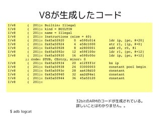 V8が生成したコード
I/v8      (  201): Builtin: Illegal
I/v8      (  201): kind = BUILTIN
I/v8      (  201): name = Illegal
I/v8      (  201): Instructions (size = 40)
I/v8      (  201): 0x45a50920     0  e59fc014       ldr ip, [pc, #+20]
I/v8      (  201): 0x45a50924     4  e58c1000       str r1, [ip, #+0]
I/v8      (  201): 0x45a50928     8  e2800001       add r0, r0, #1
I/v8      (  201): 0x45a5092c    12  e59f100c       ldr r1, [pc, #+12]
I/v8      (  201): 0x45a50930    16  e59fc00c       ldr ip, [pc, #+12] 
         ;; code: STUB, CEntry, minor: 0
I/v8      (  201): 0x45a50934    20  e12fff1c       bx ip
I/v8      (  201): 0x45a50938    24  03000003       constant pool begin
I/v8      (  201): 0x45a5093c    28  aa438d10       constant
I/v8      (  201): 0x45a50940    32  aa2d94e1       constant
I/v8      (  201): 0x45a50944    36  45a50120       constant
I/v8      (  201): 




                                   32bitのARMのコードが生成されている。
                                   詳しいことはわかりません。。
 $ adb logcat
 