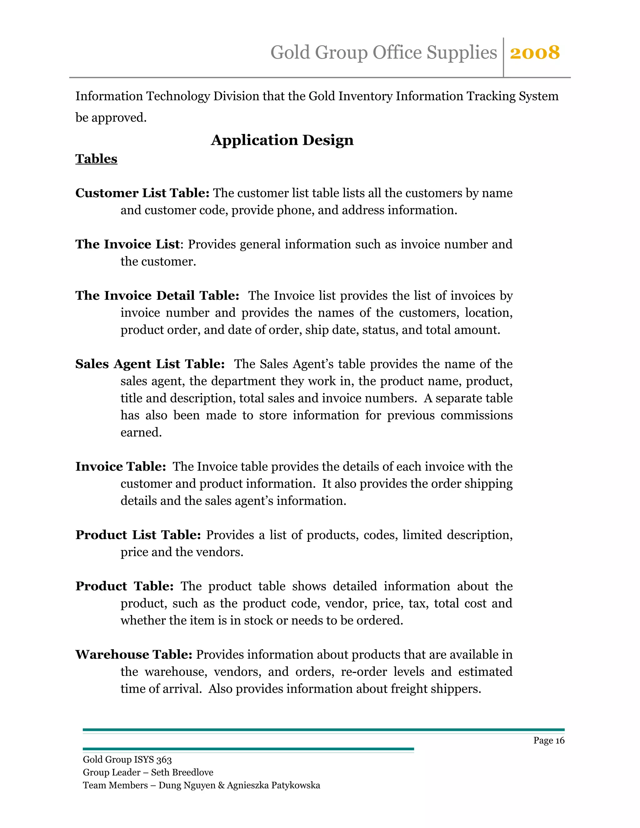 Gold Group Office Supplies 2008

Information Technology Division that the Gold Inventory Information Tracking System
be approved.
                           Application Design
Tables

Customer List Table: The customer list table lists all the customers by name
      and customer code, provide phone, and address information.

The Invoice List: Provides general information such as invoice number and
      the customer.

The Invoice Detail Table: The Invoice list provides the list of invoices by
      invoice number and provides the names of the customers, location,
      product order, and date of order, ship date, status, and total amount.

Sales Agent List Table: The Sales Agent’s table provides the name of the
       sales agent, the department they work in, the product name, product,
       title and description, total sales and invoice numbers. A separate table
       has also been made to store information for previous commissions
       earned.

Invoice Table: The Invoice table provides the details of each invoice with the
       customer and product information. It also provides the order shipping
       details and the sales agent’s information.

Product List Table: Provides a list of products, codes, limited description,
      price and the vendors.

Product Table: The product table shows detailed information about the
      product, such as the product code, vendor, price, tax, total cost and
      whether the item is in stock or needs to be ordered.

Warehouse Table: Provides information about products that are available in
     the warehouse, vendors, and orders, re-order levels and estimated
     time of arrival. Also provides information about freight shippers.



                                                                                  Page 16

 Gold Group ISYS 363
 Group Leader – Seth Breedlove
 Team Members – Dung Nguyen & Agnieszka Patykowska
 