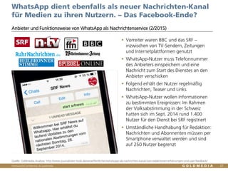 Vertraulich/Confidential, © Goldmedia 21
WhatsApp dient ebenfalls als neuer Nachrichten-Kanal
für Medien zu ihren Nutzern....
