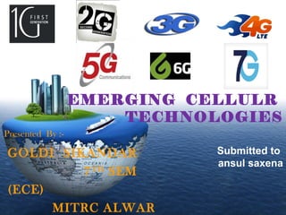LOGO
Presented By :-
GOLDI SIKANDAR
7TH
SEM
(ECE)
MITRC ALWAR
EMERGING CELLULR
TECHNOLOGIES
Submitted to
ansul saxena
 