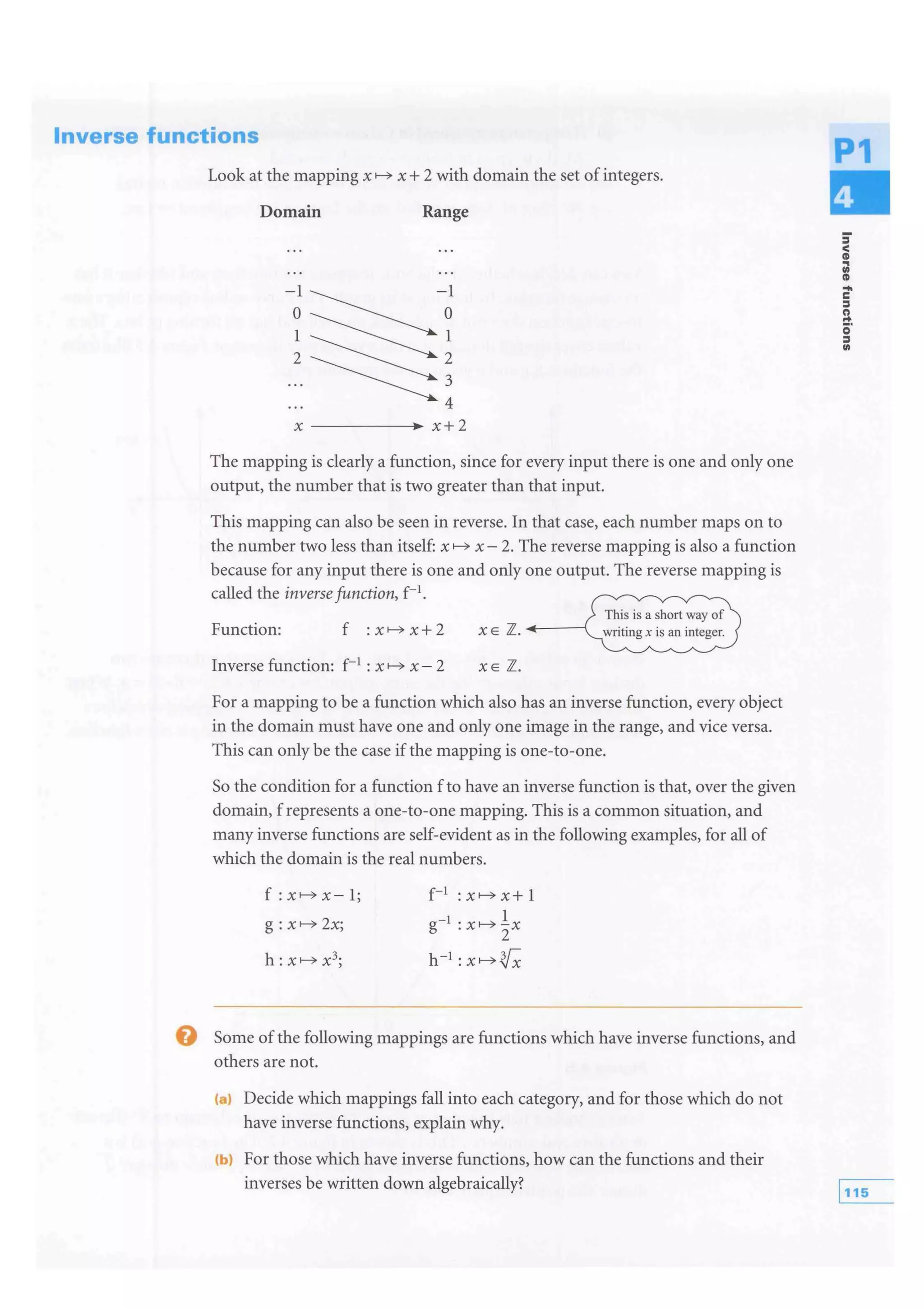 Inverse functions
Look at the mapping x x + 2 with domain the set of integers.
Domain Range
-1
4
x -------+x+2
The mapping is clearly a function, since for every input there is one and only one
output, the number that is two greater than that input.
This mapping can also be seen in reverse. In that case, each number maps on to
the number two less than itself: x x- 2. The reverse mapping is also a function
because for any input there is one and only one output. The reverse mapping is
called the inverse function, f-1.
Function: f
This is a short way of
X E 7L. ..-------1.
Inverse function: f-1 : x x- 2 XE 7L.
For a mapping to be a function which also has an inverse function, every object
in the domain must have one and only one image in the range, and vice versa.
This can only be the case if the mapping is one-to-one.
So the condition for a function f to have an inverse function is that, over the given
domain, f represents a one-to-one mapping. This is a common situation, and
many inverse functions are self-evident as in the following examples, for all of
which the domain is the real numbers.
f
g: 2x;
f-1
g-1
h-1 :
0 Some of the following mappings are functions which have inverse functions, and
others are not.
Cal Decide which mappings fall into each category, and for those which do not
have inverse functions, explain why.
(bl For those which have inverse functions, how can the functions and their
inverses be written down algebraically?
P1
;'
<CD
..Ill
CD
....c
:I
n..o·:I
Ill
 