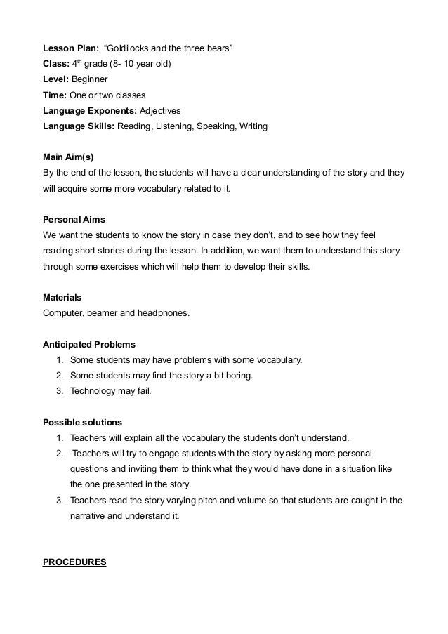 Goldilocks And The Three Bears Lesson Plan - 