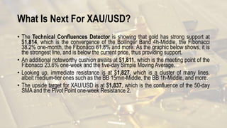 What Is Next For XAU/USD?
• The Technical Confluences Detector is showing that gold has strong support at
$1,814, which is the convergence of the Bollinger Band 4h-Middle, the Fibonacci
38.2% one-month, the Fibonacci 61.8% and more. As the graphic below shows, it is
the strongest line, and is below the current price, thus providing support.
• An additional noteworthy cushion awaits at $1,811, which is the meeting point of the
Fibonacci 23.6% one-week and the five-day Simple Moving Average.
• Looking up, immediate resistance is at $1,827, which is a cluster of many lines,
albeit medium-tier ones such as the BB 15min-Middle, the BB 1h-Middle, and more.
• The upside target for XAU/USD is at $1,837, which is the confluence of the 50-day
SMA and the Pivot Point one-week Resistance 2.
 