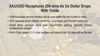 XAU/USD Recaptures 200-dma As Us Dollar Drops
With Yields
• Gold fluctuates around monthly top as bulls battle the key hurdle to north.
• DXY seesaws amid reflation concerns, covid woes and Powell’s testimony.
• World Bank conveys fears over Asia-Pacific jabbing, accepts China’s
fundamental strength.
• Fed's Chair speech 2.0, virus updates and second-tier US data will be the key.
 