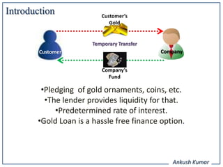 Introduction             Customer’s
                            Gold


                      Temporary Transfer
        Customer                           Company


                         Company’s
                           Fund

        •Pledging of gold ornaments, coins, etc.
         •The lender provides liquidity for that.
            •Predetermined rate of interest.
       •Gold Loan is a hassle free finance option.



                                              Ankush Kumar
 