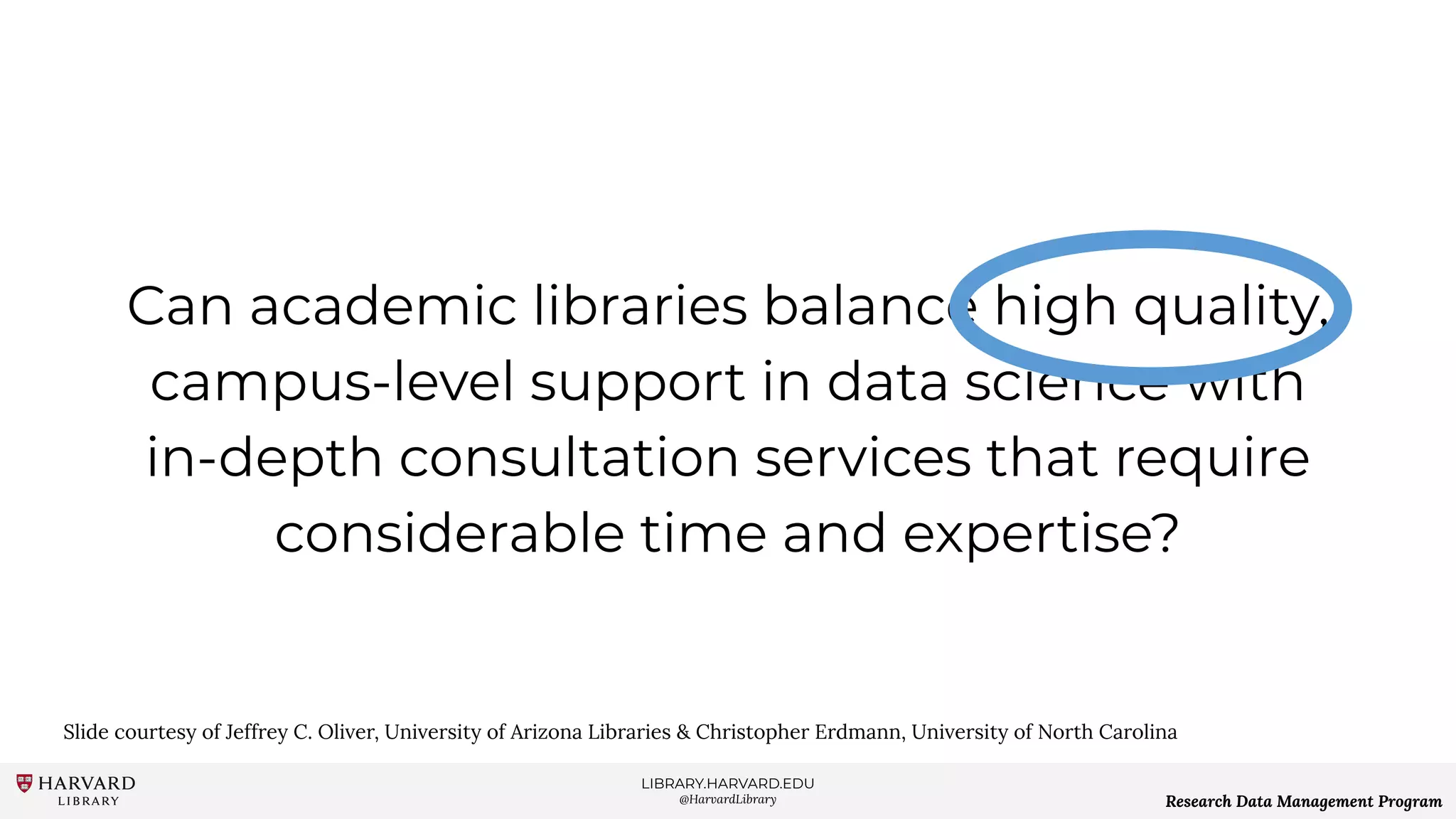LIBRARY.HARVARD.EDU
@HarvardLibrary Research Data Management Program
Can academic libraries balance high quality,
campus-level support in data science with
in-depth consultation services that require
considerable time and expertise?
Slide courtesy of Jeffrey C. Oliver, University of Arizona Libraries & Christopher Erdmann, University of North Carolina
 