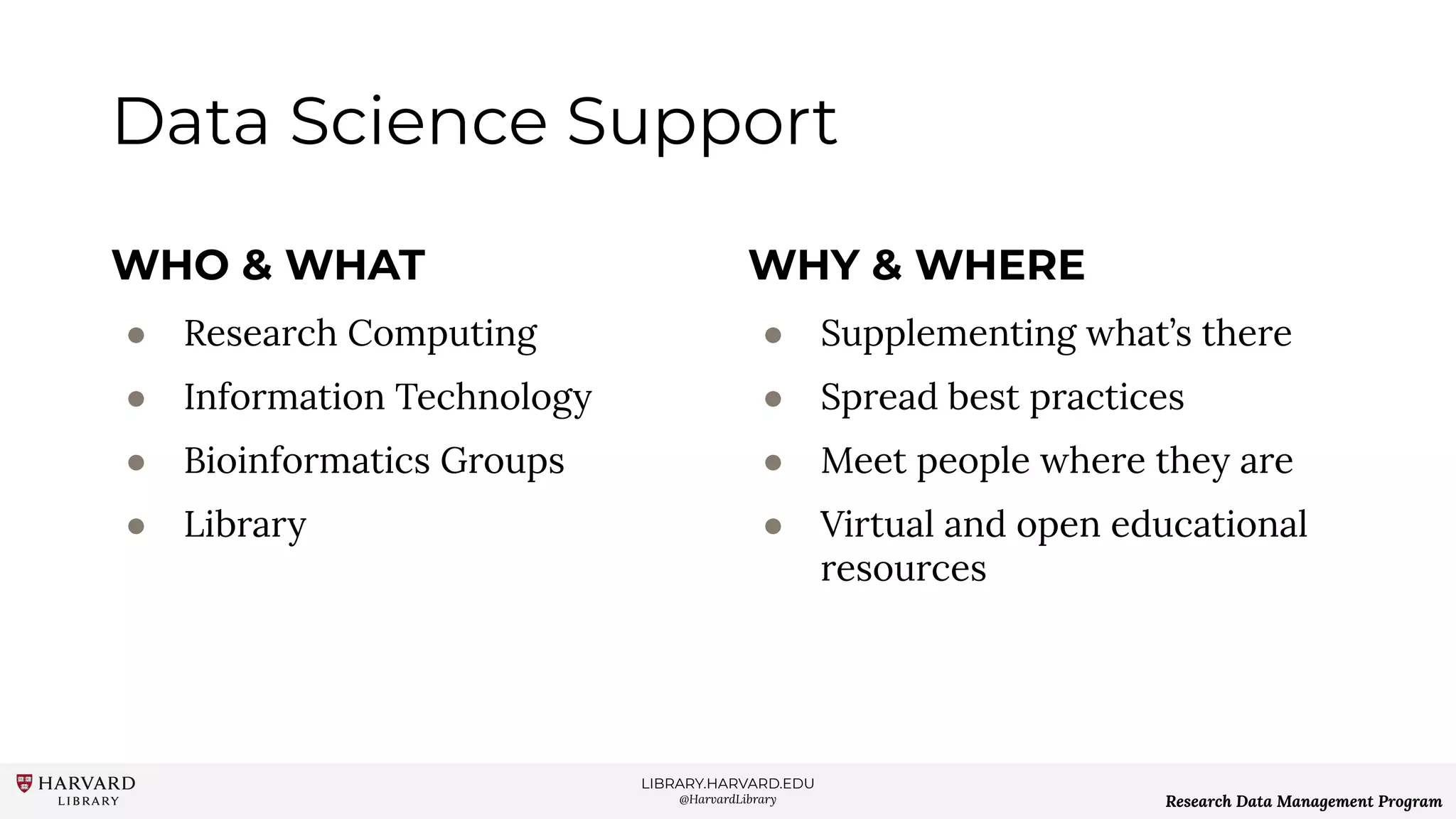 LIBRARY.HARVARD.EDU
@HarvardLibrary Research Data Management Program
Data Science Support
WHO & WHAT
● Research Computing
● Information Technology
● Bioinformatics Groups
● Library
WHY & WHERE
● Supplementing what’s there
● Spread best practices
● Meet people where they are
● Virtual and open educational
resources
 