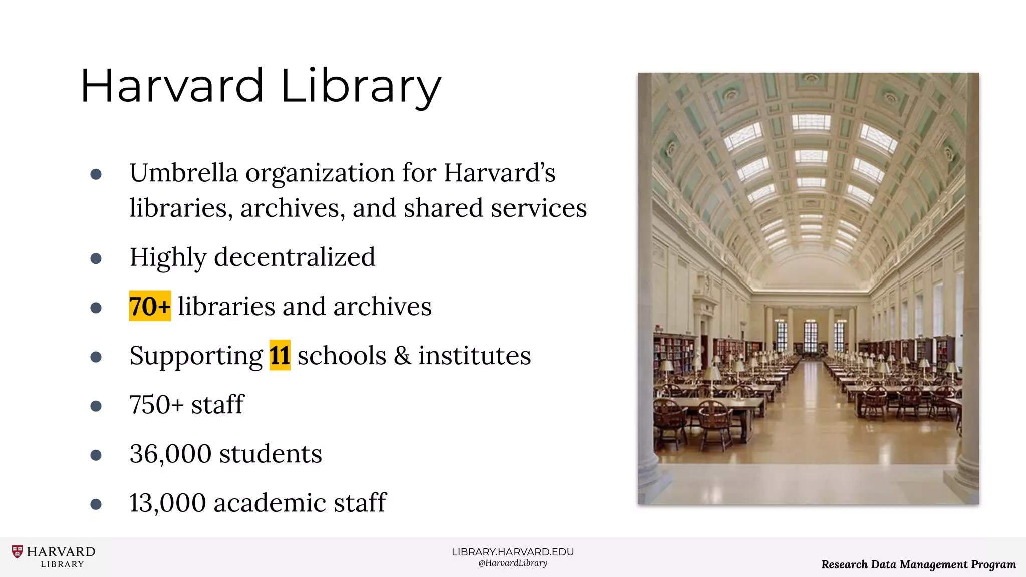 LIBRARY.HARVARD.EDU
@HarvardLibrary Research Data Management Program
Harvard Library
● Umbrella organization for Harvard’s
libraries, archives, and shared services
● Highly decentralized
● 70+ libraries and archives
● Supporting 11 schools & institutes
● 750+ staff
● 36,000 students
● 13,000 academic staff
 
