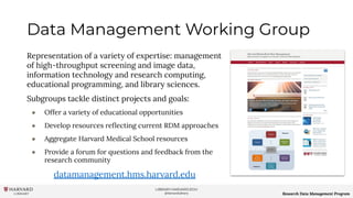 LIBRARY.HARVARD.EDU
@HarvardLibrary Research Data Management Program
Data Management Working Group
Representation of a variety of expertise: management
of high-throughput screening and image data,
information technology and research computing,
educational programming, and library sciences.
Subgroups tackle distinct projects and goals:
● Offer a variety of educational opportunities
● Develop resources reﬂecting current RDM approaches
● Aggregate Harvard Medical School resources
● Provide a forum for questions and feedback from the
research community
datamanagement.hms.harvard.edu
 