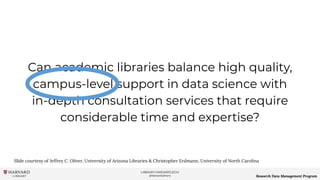 LIBRARY.HARVARD.EDU
@HarvardLibrary Research Data Management Program
Can academic libraries balance high quality,
campus-level support in data science with
in-depth consultation services that require
considerable time and expertise?
Slide courtesy of Jeffrey C. Oliver, University of Arizona Libraries & Christopher Erdmann, University of North Carolina
 