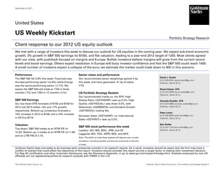 December 9, 2011




United States

US Weekly Kickstart
                                                                                                                                                         Portfolio Strategy Research

Client response to our 2012 US equity outlook
We met with a range of investors this week to discuss our outlook for US equities in the coming year. We expect sub-trend economic
growth, 3% growth in S&P 500 earnings (to $100), and flat valuation, leading to a year-end 2012 target of 1250. Most clients agreed
with our view, with pushback focused on margins and Europe. Bullish investors believe margins will grow from the current record
levels and boost earnings. Others expect resolution in Europe will buoy investor confidence and that the S&P 500 could reach 1400.
A small number of investors expect a collapse of the euro; we estimate the market could trade down to 900 in this scenario.

Performance                                                  Sector views and performance
                                                                                                                                                David J. Kostin
The S&P 500 fell 0.8% this week. Financials was              Our recommended sector weightings gained 3 bp
                                                                                                                                                (212) 902-6781 david.kostin@gs.com
the best-performing sector (+0.8%) while Energy              this week, and have generated -41 bp of alpha                                      Goldman, Sachs & Co.
was the worst-performing sector (-2.1%). We                  YTD.
expect the S&P 500 will trade at 1150 in three                                                                                                  Stuart Kaiser, CFA
months (-7%) and 1250 in 12 months (+1%).                                                                                                       (212) 357-6308 stuart.kaiser@gs.com
                                                             US Portfolio Strategy Baskets
                                                                                                                                                Goldman, Sachs & Co.
                                                             Our recommended trades vs. the SPX: High
S&P 500 Earnings                                             Sharpe Ratio <GSTHSHRP> was up 0.2%, High                                          Amanda Sneider, CFA
Our top-down EPS forecasts of $100 and $106 for              Quality <GSTHQUAL> was down 0.5%, with                                             (212) 357-9860 amanda.sneider@gs.com
2012 and 2013 reflect +3% and +7% growth,                    Defensives <GSSBDEFS> and Dividend Growth                                          Goldman, Sachs & Co.
respectively. Bottom-up consensus forecasts a                <GSTHDIVG> trading flat.
                                                                                                                                                Peter Lewis
10% increase in 2012 to $108, and a 10% increase                                                                                                (212) 902-9693 peter.lewis@gs.com
                                                             Domestic Sales <GSTHAINT> vs. International
in 2013 to $119.                                                                                                                                Goldman, Sachs & Co.
                                                             Sales <GSTHINTL> was up 0.3%.

Valuation                                                                                                                                       Ben Snider
                                                             S&P 500 stock performance this week                                                (212) 357-1744 ben.snider@gs.com
Top-down, S&P 500 trades at an NTM P/E of                                                                                                       Goldman, Sachs & Co.
                                                             Leaders: GCI, MS, WDC, JPM, and DF.
12.5X. Bottom-up, it trades at an NTM P/E of 11.8X
                                                             Laggards: BHI, TSO, JNPR, BSX, and NFX.
and an LTM P/B of 2.1X.
                                                             Note: The ability to trade these baskets will depend upon market
                                                             conditions, including liquidity and borrow constraints at the time
                                                             of trade.
Goldman Sachs does and seeks to do business with companies covered in its research reports. As a result, investors should be aware that the firm may have a
conflict of interest that could affect the objectivity of this report. Investors should consider this report as only a single factor in making their investment decision.
For Reg AC certification and other important disclosures, see the Disclosure Appendix, or go to www.gs.com/research/hedge.html. Analysts employed by non-US
affiliates are not registered/qualified as research analysts with FINRA in the U.S.


The Goldman Sachs Group, Inc.                                                                                                     Goldman Sachs Global Economics, Commodities and Strategy Research
Goldman Sachs Global Economics, Commodities and Strategy Research                                                                                                                                1
 