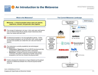 17
An Introduction to the Metaverse
Engaging with Digital Assets and Blockchain Globally
4
Source: CoinMarketCap as of 31-Oct-21
What is the Metaverse? The Current Metaverse Landscape
Metaverse – a virtual ecosystem where users can interact,
experience, transact, and generate value together
 The concept of metaverse is not new. In fact, early open world games
such as World of Warcraft are already closed metaverses where
users can interact with each other
 A metaverse ecosystem is not only applicable to games – further
human-based ecosystems can be built within them, where people
can work and societies can create their own rules and financial
systems
 The metaverse is currently propelled by two technological
developments:
— Performance / Experience: 5G and AR/VR developments help
increase the quality of experience within metaverses
— Blockchain: increasing financial connectivity allows tokens /
currencies used within a metaverse to transfer value across
ecosystems, and from the virtual to the physical world
 Further unlocking the metaverse is a huge milestone as the gradual
reduction of differences between the virtual and physical worlds
ramps up
M
E
T
A
High-definition
experience
Low-definition
experience
Open
connectivity
between
other
metaverses
and the
financial
system
Mesh
VR/AR Prototypes
Closed
connectivity
between
other
metaverses
and the
financial
system
Mkt. Cap: US$1.9bn
Mkt. Cap: US$5.7bn
Mkt. Cap: US$8.3bn
 