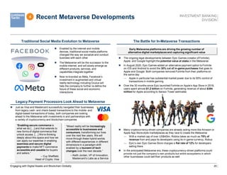 20
Traditional Social Media Evolution to Metaverse
Legacy Payment Processors Look Ahead to Metaverse
 Just as Visa and Mastercard successfully navigated their businesses
from legacy cash- and check-based transactions to the mobile- and
digital-based transactions of today, both companies are looking
ahead to the Metaverse with investments in and partnerships with
a variety of cryptocurrency and blockchain companies
The Battle for In-Metaverse Transactions
Engaging with Digital Assets and Blockchain Globally
 Enabled by the internet and mobile
devices, traditional social media platforms
changed the way we socialize and conduct
business with each other
 The Metaverse will be the successor to the
mobile internet, and will slowly emerge as
different products, services, and
capabilities integrate together
 Now re-branded as Meta, Facebook’s
investment in augmented and virtual
reality technology including Oculus will
help the company to further re-define the
future of these social and economic
interactions
Early Metaverse platforms are driving the growing number of
alternative digital marketplaces and capturing significant value
 The ongoing legal developments between Epic Games (creator of Fortnite),
Apple, and Google highlight the potential value at stake in the Metaverse
 In August 2020, Epic Games added an alternative payment option to Fortnite
on iOS and Andriod to avoid the 30% cut of in-game purchases that goes to
Apple and Google. Both companies removed Fortnite from their platforms on
the same day
— Apple in particular has substantial market power due to its 55% control of
transactions in mobile gaming
 Over the 30 months since Epic launched Fortnite on Apple’s App Store in 2018,
users spent almost $1.2 billion on Fortnite, generating revenue of about $354
million for Apple according to Sensor Tower estimates
 Many cryptocurrency-driven companies are already acting more like Amazon or
Apple App Store-style marketplaces as they race to create the Metaverse
— With a market cap of over US$40bn, Roblox takes as much as 75% of
revenue from and pays its developers using its in-game currency, Robux
— Epic’s own Epic Games Store charges a flat rate of 12% for developers
selling there
 In the anticipated Metaverse era, these cryptocurrency-driven platforms could
provide not just the company’s own products but entire ecosystems in which
other businesses could sell their products as well
“Mixed reality will be increasingly
accessible to businesses and
consumers, transforming our lives
over the next few years. We will
move through these hybrid worlds
with different experiences in different
dimensions in a paradigm shift
enabled by a tsunami of tech
changes over the next decade.”
– Keith Jordan, VP of Innovation,
Mastercard’s Labs as a Service
“Enabling secure commerce is
what we do […] and that extends to
new forms of digital commerce that
unlock access. […] We’re thinking
deeply about this space and how we
can apply our expertise in enabling
seamless and secure digital
payments to make NFT-commerce
accessible and useable for buyers
and sellers.”
– Cuy Sheffield,
Head of Crypto, Visa
Recent Metaverse Developments
4
 