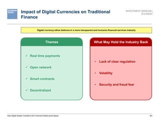 26
Impact of Digital Currencies on Traditional
Finance
How Digital Assets Transform the Financial Infrastructure Space
Digital currency ethos believes in a more transparent and inclusive financial services industry
Themes What May Hold the Industry Back
 Real time payments
 Open network
 Smart contracts
 Decentralized
• Lack of clear regulation
• Volatility
• Security and fraud fear
 