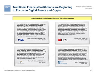 27
Traditional Financial Institutions are Beginning
to Focus on Digital Assets and Crypto
How Digital Assets Transform the Financial Infrastructure Space
“We recently also announced the establishment of a new
digital assets unit, which is building a multi-asset
platform that will allow us to custody traditional as well
as digital assets, including cryptocurrencies in a new
and creative way. The growing client demand for digital
assets and improved regulatory clarity presents an
opportunity for us to extend our current service offerings
over time through this emerging field.”
Thomas P. Gibbons, CEO & Director
April 16, 2021
“And I would say that this [crypto] is a space that we are
leaning into in a very, very big way and I think are
extremely well positioned…So converting a digital
currency to a fiat on a Visa credential, which then makes
those funds available for shopping at any 1 of the 70 million
Visa merchants and gives immediate utility to the digital
currency. And we're the clear leader here. We've got over
35 digital currency platforms and wallets that have
chosen to work with us. Coinbase, Crypto.com, BlockFi,
Fold, Bitpanda are just some examples”
Alfred Francis Kelly, Chairman & CEO
April 27, 2021
“The exponential pace of asset digitalisation provides
immense opportunities to reshape capital markets. For
Singapore to become even more competitive as a global
financial hub, we have to prepare ourselves to welcome the
mainstream adoption of digital assets and currency
trading. DBS is committed to accelerating the development
of a fully integrated ecosystem to facilitate this. We
believe that this is the first of its kind integrated offering,
which is differentiated in many ways.”
Piyush Gupta, Group CEO
December 10, 2020
“We believe digital assets are an important part of the
future landscape of financial services and we are pleased
to be a part of its evolution as we seek to serve the growing
needs of our clients. NYDIG is at the forefront of the industry
from a regulatory and security perspective which makes
them the perfect partner as we seek to help bring Bitcoin
solutions into the mainstream. Today’s announcement
marks an important step towards establishing ourselves as
one of the first Bitcoin-friendly regional banks in the country.”
Scott F. Kavanaugh, CEO
April 20, 2021
Financial services companies are prioritizing their crypto strategies
 