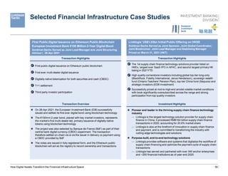 39
How Digital Assets Transform the Financial Infrastructure Space
First Public Digital Issuance on Ethereum Public Blockchain
European Investment Bank €100 Million 2-Year Digital Bond
Goldman Sachs Served as Joint-Lead Manager and Joint Structuring
Advisor | 28-Apr-2021
Linklogis’ US$1.03bn Initial Public Offering on HKSE
Goldman Sachs Served as Joint Sponsor, Joint Global Coordinator,
Joint Bookrunner, Joint Lead Manager and Stabilizing Manager
Priced on March 31, 2021 (HKT)
 First public digital issuance on Ethereum public blockchain
 First ever multi-dealer digital issuance
 Digitally native tokenization for both securities and cash (CBDC)
 T+1 settlement
 Third party investor participation
 On 28-Apr-2021, the European Investment Bank (EIB) successfully
issued and settled its first ever digital bond using blockchain technology
 The €100mm 2-year bond, placed with key market investors, represents
the market’s first multi-dealer led, primary issuance of digitally native
tokens using blockchain technology
 The project was also selected by Banque de France (BdF) as part of their
central bank digital currency (CBDC) experiment. The transaction
therefore settled on-chain vis-à-vis the issuer in delivery vs payment using
a CBDC provided by BdF
 The notes are issued in fully registered form, and the Ethereum public
blockchain will act as the registry to record ownership and transactions
Transaction Highlights





Transaction Overview
 The 1st supply chain finance technology solutions provider listed on
HKEx, largest ever SaaS IPO in APAC, and second largest primary HK
listing in 2021YTD
 High quality cornerstone investors including global top-tier long-only
(BlackRock, Fidelity International, Janus Henderson), sovereign wealth
fund (Ontario Teachers' Pension Plan), top-tier China fund (Sequoia) and
strategic investors (EDB Investment)
 Successfully priced at mid-to-high end amidst volatile market conditions
with book significantly oversubscribed across the range and strong
participation from top quality investors
 Pioneer and leader in the thriving supply chain finance technology
industry
— Linklogis is the largest technology solution provider for supply chain
finance in China; it processed RMB164 billion supply chain finance
transactions in 2020, accounting for 20.6% market share
— Linklogis is also at the forefront of innovation in supply chain finance
and payment, and is committed to transforming the industry with
cutting-edge technologies and solutions
 Purpose-built, end-to-end technology solutions
— Linklogis provides software and systems that digitalize the workflow of
supply chain financing and optimize the payment cycle of supply chain
transactions
— Linklogis has served and partnered with over 340 anchor enterprises
and ~200 financial institutions as of year-end 2020
Transaction Highlights
Investment Highlights



Selected Financial Infrastructure Case Studies
 